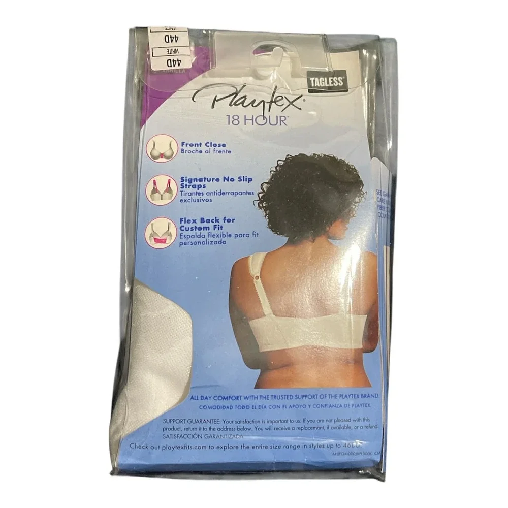 Playtex Bra Womens 44D White 18 Hour Custom‎ Flex Back Front Close Wirefree 4695